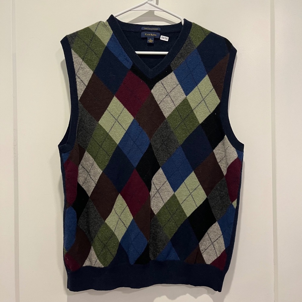 Club Room Mens 100% Cashmere Argyle V-Neck Sweater Vest Navy Blue Green Large